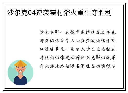 沙尔克04逆袭霍村浴火重生夺胜利