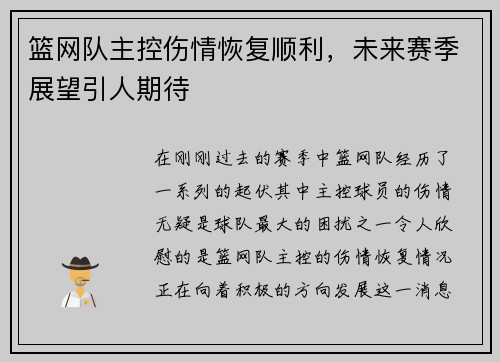 篮网队主控伤情恢复顺利，未来赛季展望引人期待