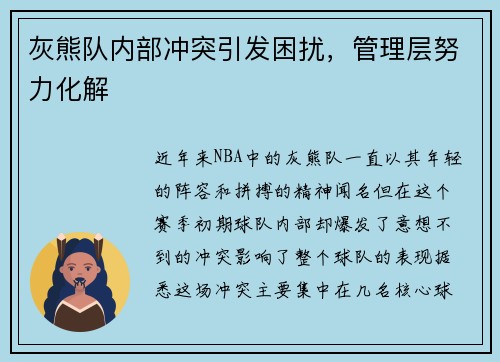 灰熊队内部冲突引发困扰，管理层努力化解