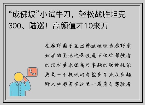 “成佛坡”小试牛刀，轻松战胜坦克300、陆巡！高颜值才10来万