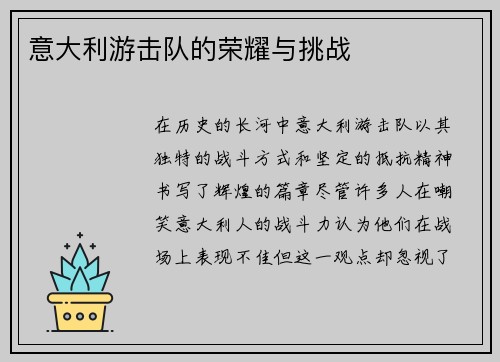 意大利游击队的荣耀与挑战