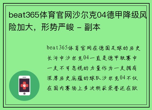 beat365体育官网沙尔克04德甲降级风险加大，形势严峻 - 副本