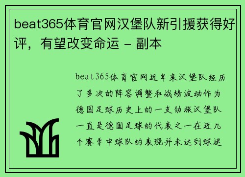 beat365体育官网汉堡队新引援获得好评，有望改变命运 - 副本